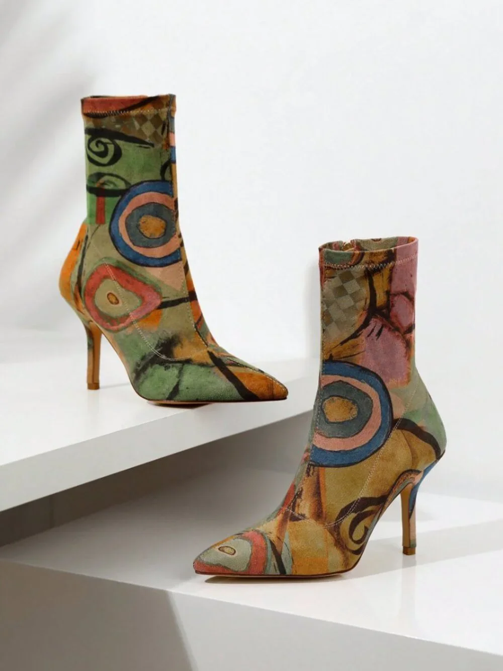 Multicolor Vintage Women's All Over Print Stiletto Slip On Stretch Boots
